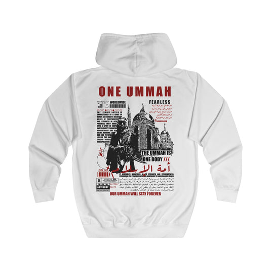 Un sweat à capuche zippé Ummah noir/blanc. امة واحدة . 